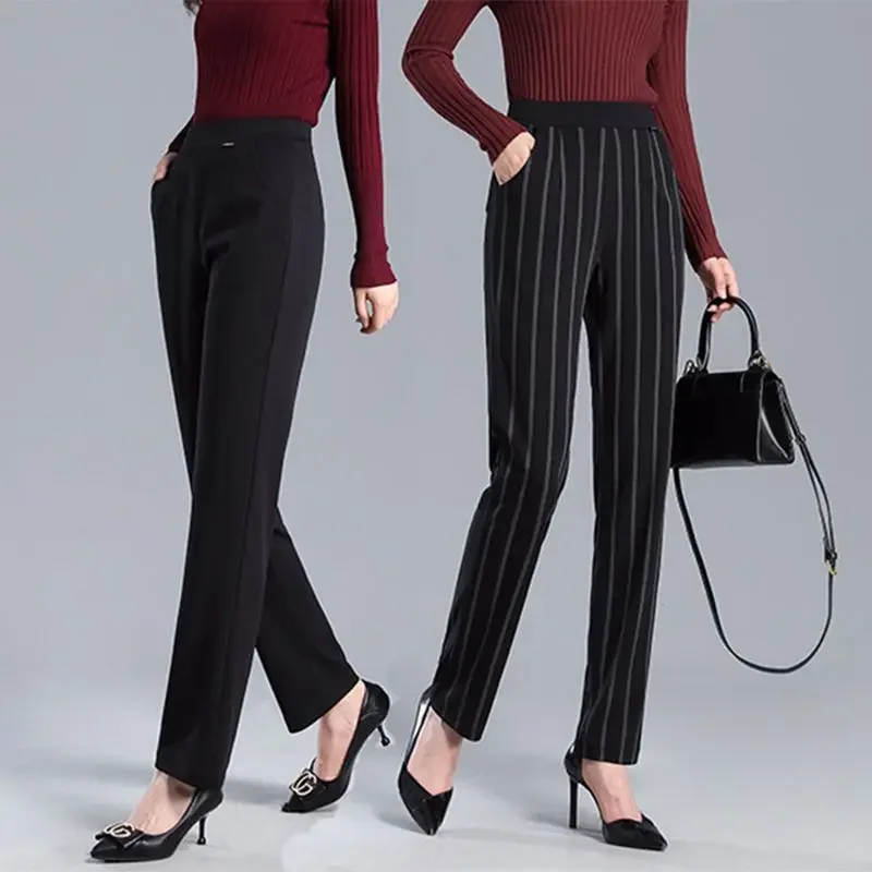 

Autumn Fashion Simple Commuter Casual Feet Pants Women's Solid Elastic High Waist Pockets Patchwork Straight Trousers Z693