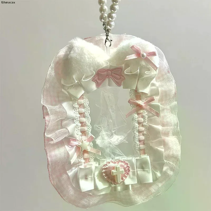 Sweet DIY Plush Card Holder with Ribbon Anime Lace Photocard Case Lolita Idol Display Photo Protector Case Card