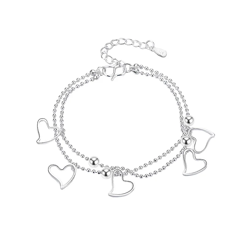 Sterling Silver Color Bracelets for Women Peach Heart Charm Hand Chain Link Orignal Fashion Jewelry With Stamp