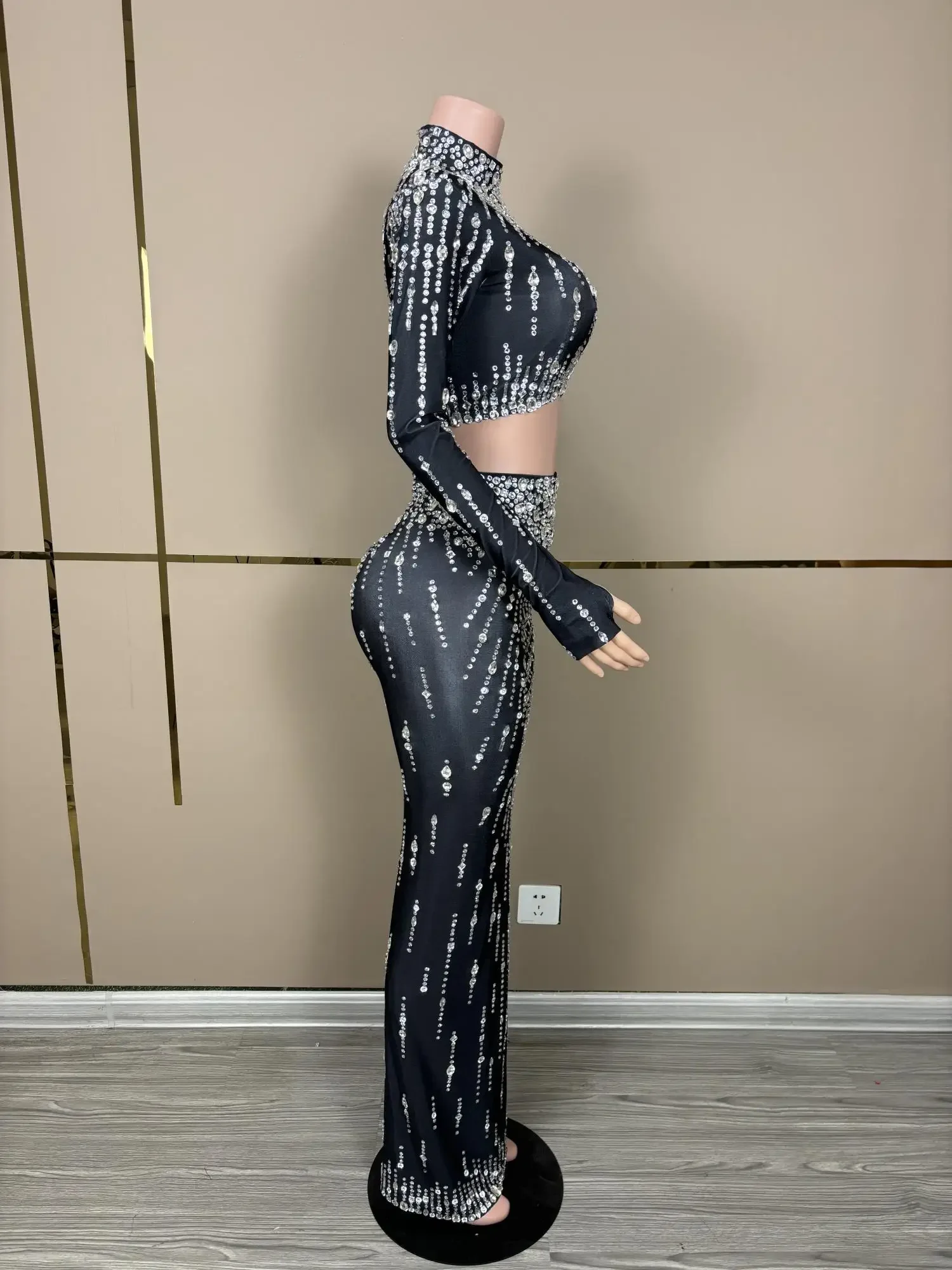 Birthday Party  Outfit Stage Dance costume Crystals Sexy Nightclub Tops Long Skirt 2Pieces Set Event Photo Shoot Wear