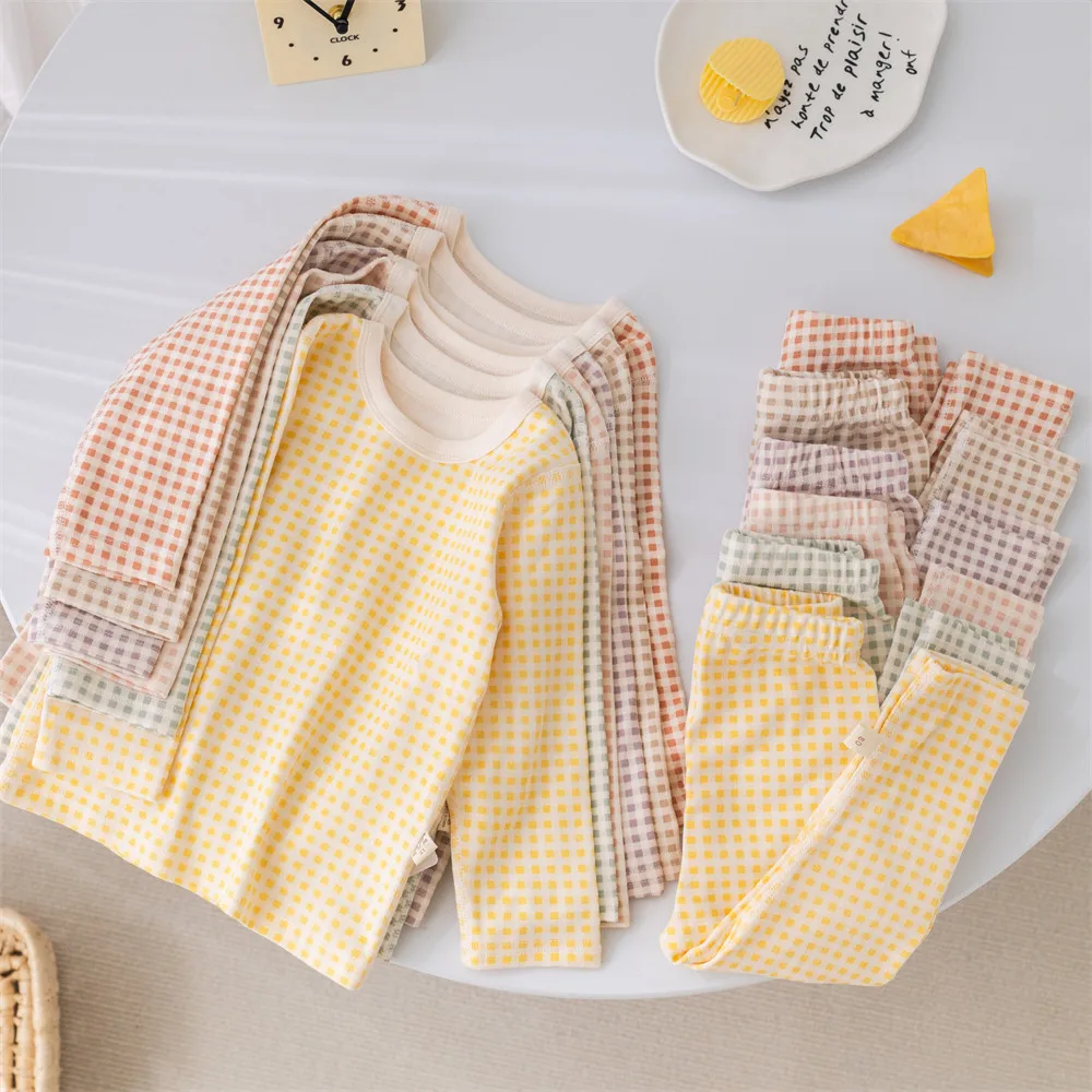 New 2024 Kid\'s Pajamas Suit Boys Home Wear 1-5 Y Girls Plaid Underwear 2Pcs Top+Pants Children\'s Long Sleeve T-shirt Suit