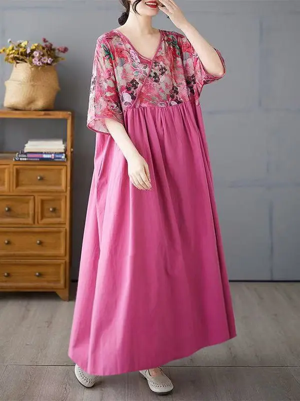 High Waist Slimming Cotton Linen New Sle V-ne Splicing Retro Wind Dr Middle-aged Mom Clothes plus Size Long Dr