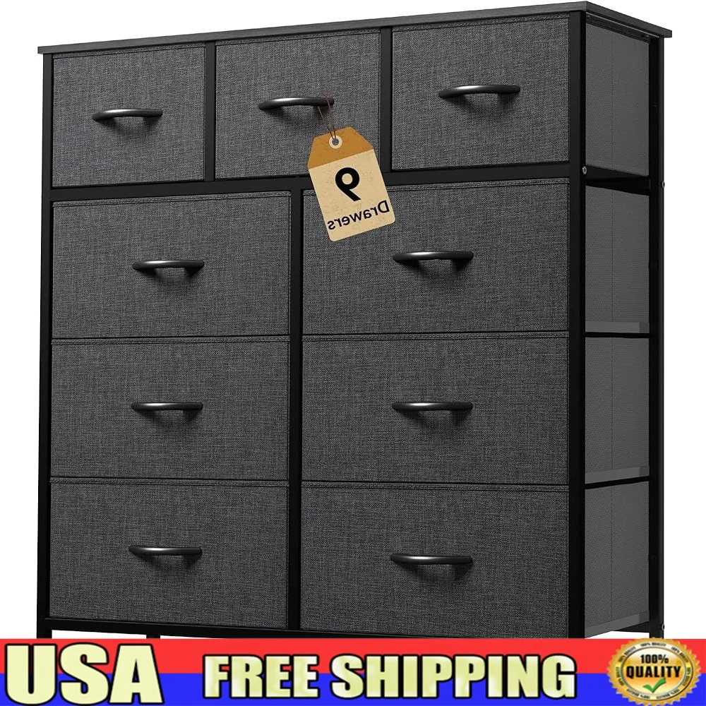 

9 Drawer Fabric Storage Tower Sturdy Steel Frame Organizer Bedroom Living Room Entryway Foldable Design Easy Pull Bins