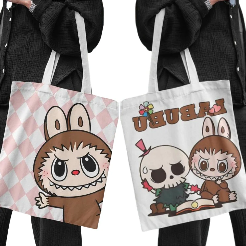 2024 Cartoon Canvas Bag for Women Labubu for Student Tutoring Carrying Bag Capacity Book Bag Shoulder Bags Ins Cute