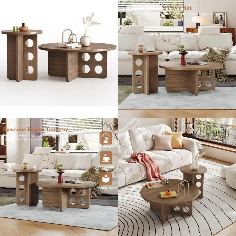 Modern 31.5 Round Nesting Coffee Table Set, 2-Piece Wooden Side Tables for Small Spaces, Brown Grain Top with Adjustable Non-Sli