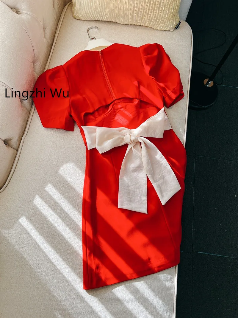 Lingzhi Wu Unique Design Backless Bow Slim Waist Dress Puff Sleeve French Design Formal Dresses Female New Arrival