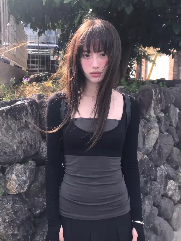 Y2k Clothing Fake Two-piece T-shirt 2000s Long Sleeves Top Vintage Harajuku Patchwork Tshirt Women Sexy Hot Girl American Retro