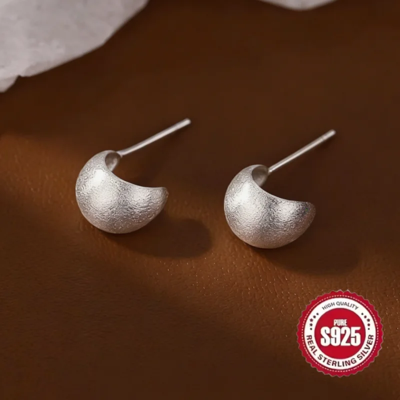 Real 925 Sterling Silver Brushed Curved Surface Mini Hoop Earrings For Women Party Classic Fine Jewelry Small Niche Accessories
