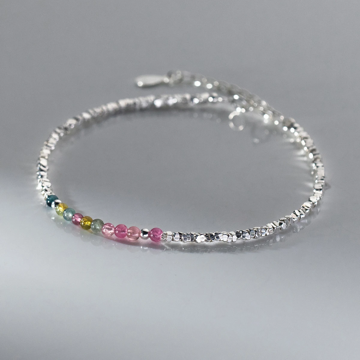 MODIAN 925 Sterling Silver Natural Colorful Beads Tourmaline Charm Bracelet Sweet Stackable Link Chain For Women Girls Jewelry