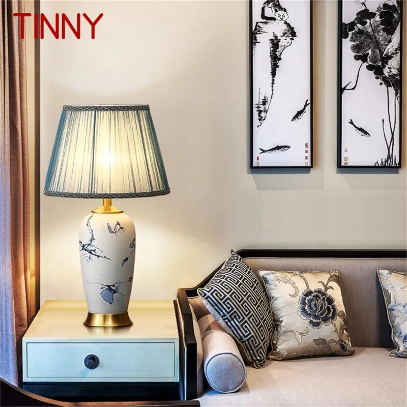 

TINNY Ceramic Table Lamps Blue Brass Luxury Desk Light Fabric for Home Living Room Dining Room Bedroom Office