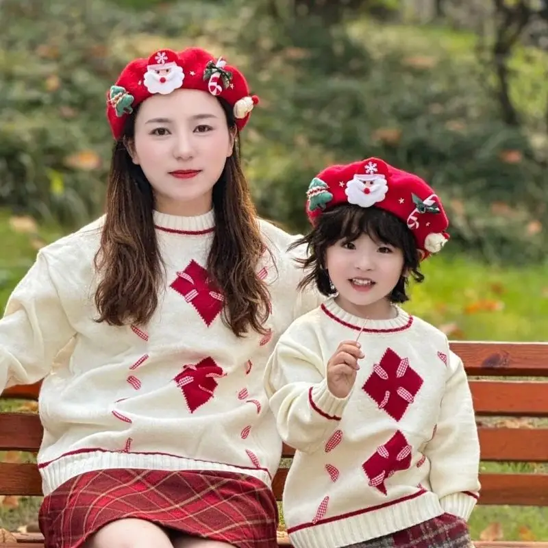 

2025 Christmas Parent-Child Beret for Family Matching Clothes New Sweet Dad Mom Daughter Son Painter Hat Versatile Warm Wool Cap