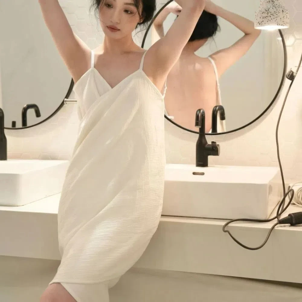 

Cozy Cotton Suspender Nightdress White Backless Women Bath Towel Homewear Camisole Sling Sleepwear Home