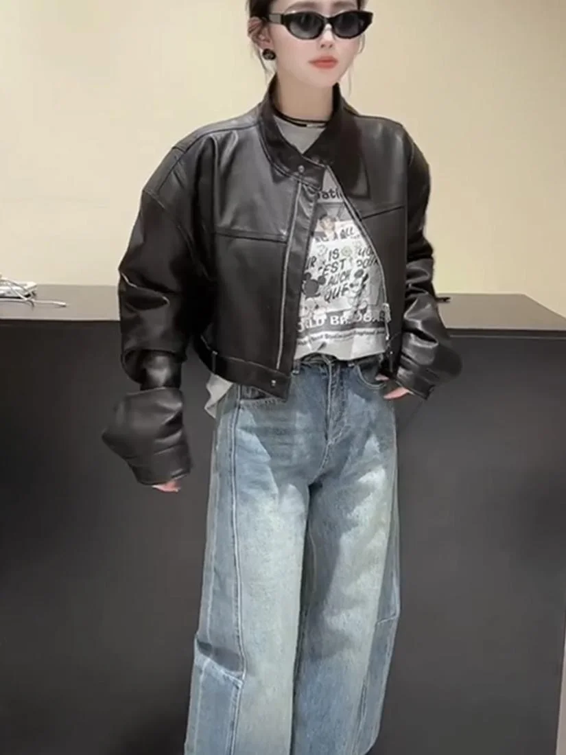 Early Spring 2025 Retro Hong Kong Sle Motorcycle ort Leather Jaet Women's Loose Fit Stand Collar Premium eepskin Coat