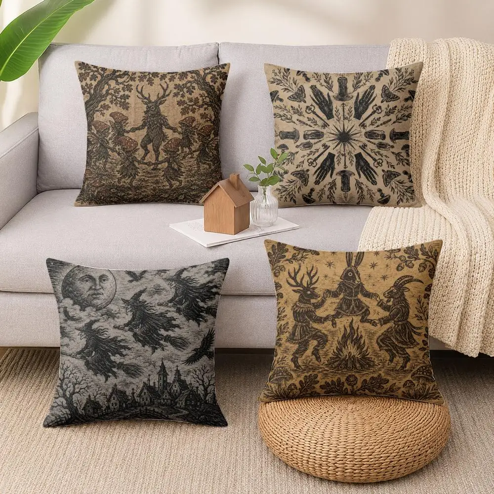 Witches Sabbath Woodcut Cushion Cover Luxury Soft Plush Short Fur Cushion Case Warm Cozy Sofa Bed Decorative Home