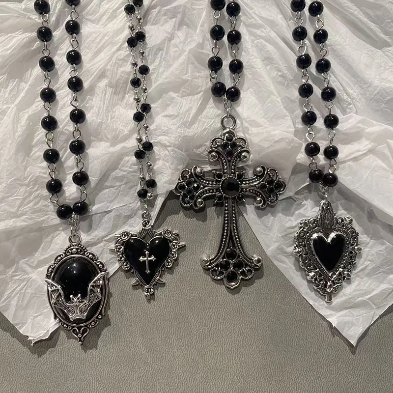 Halloween Vintage Gothic Bat Cross Dark Pendant Necklace Y2K Punk Thorn Love Black Bead Stacked Necklace Jewelry Gifts