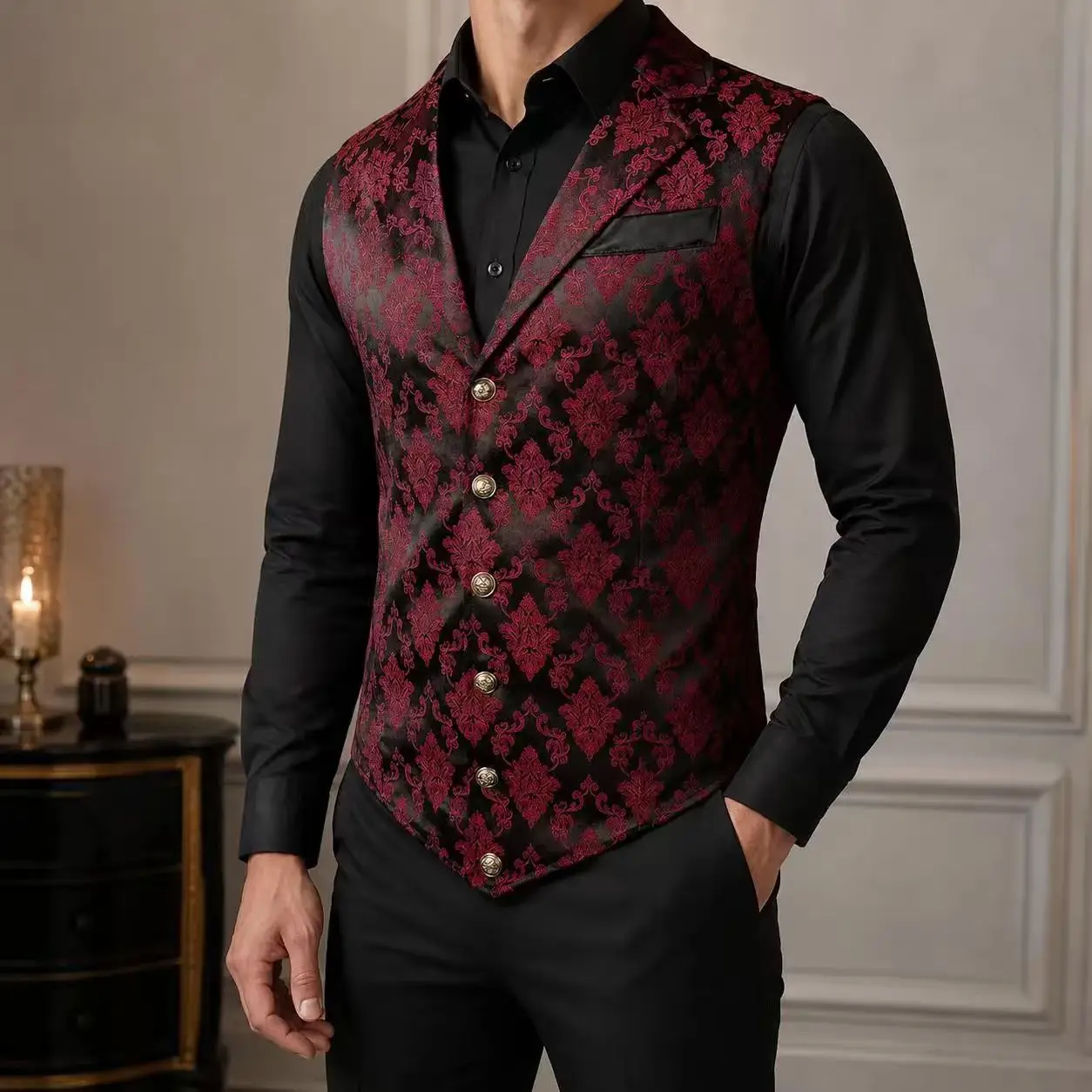 Men Vintage Victorian Gothic Jacquard Waistcoat, Sleeveless V‑Neck Floral Vest, Formal Slim Fit Vest for Wedding Banquet Party