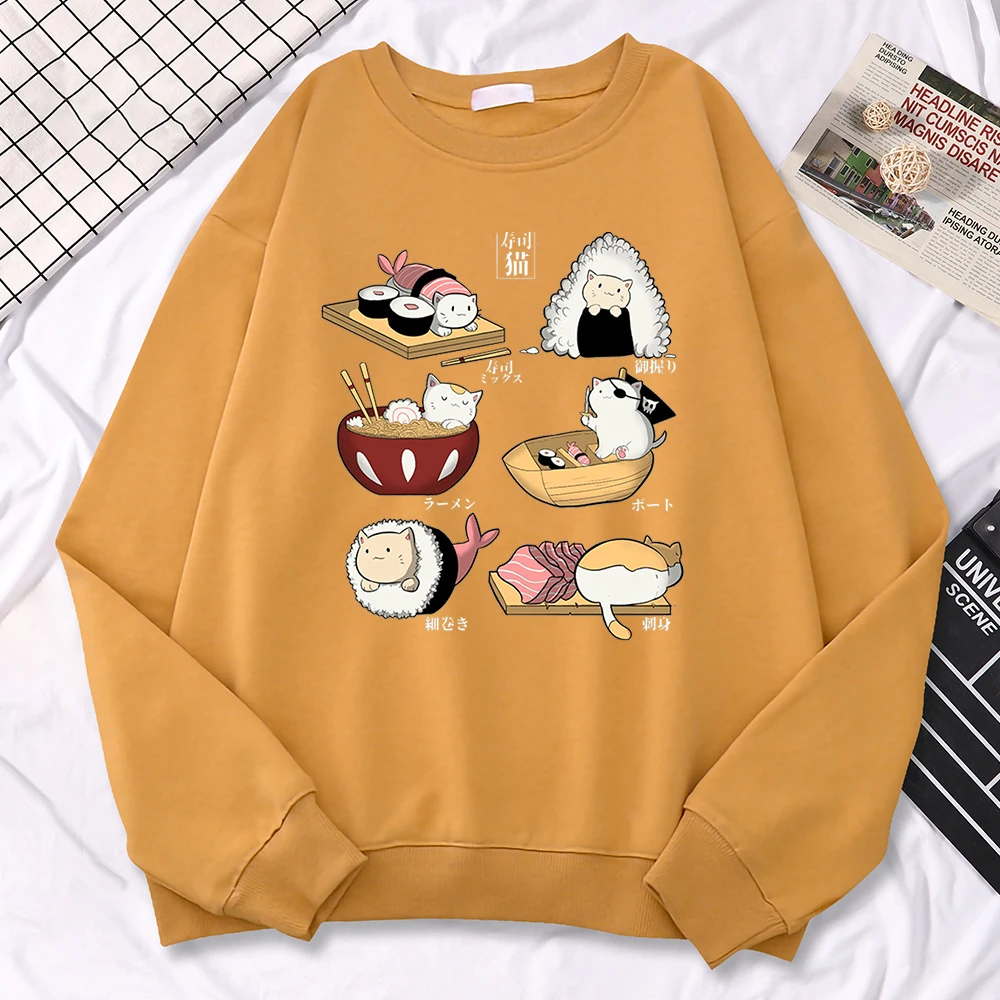 Simple Autumn Women Sweatshirt Sushi Cat\'S Day Harajuku Printing Hoodies Crewneck Fleece Pullover Warm Loose Female Streetwear