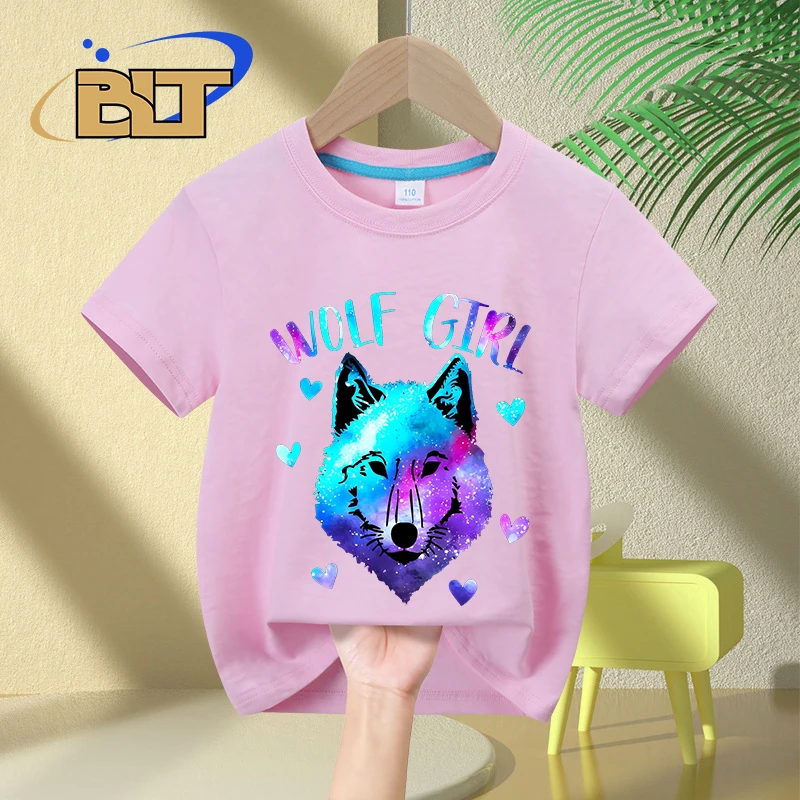 Wolf girl printed kids T-shirt summer children's pure cotton short-sleeved casual top girls gift