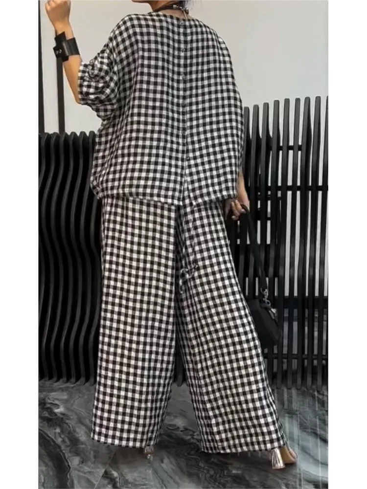 Plaid Sets For Women Casual O Neck Half Sleeves Top And Wide Leg Pants Print 2 Piece Set 2024 Fashion Women\'s Suit