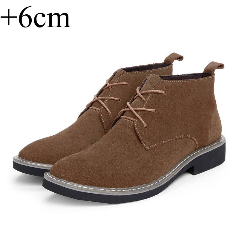 Men Nubuck Leather Hidden Height Increasing Ankle Boots Lace‑Up Pointed Toe 6CM Invisible Elevator Sole Soft Lining Wear‑Resis