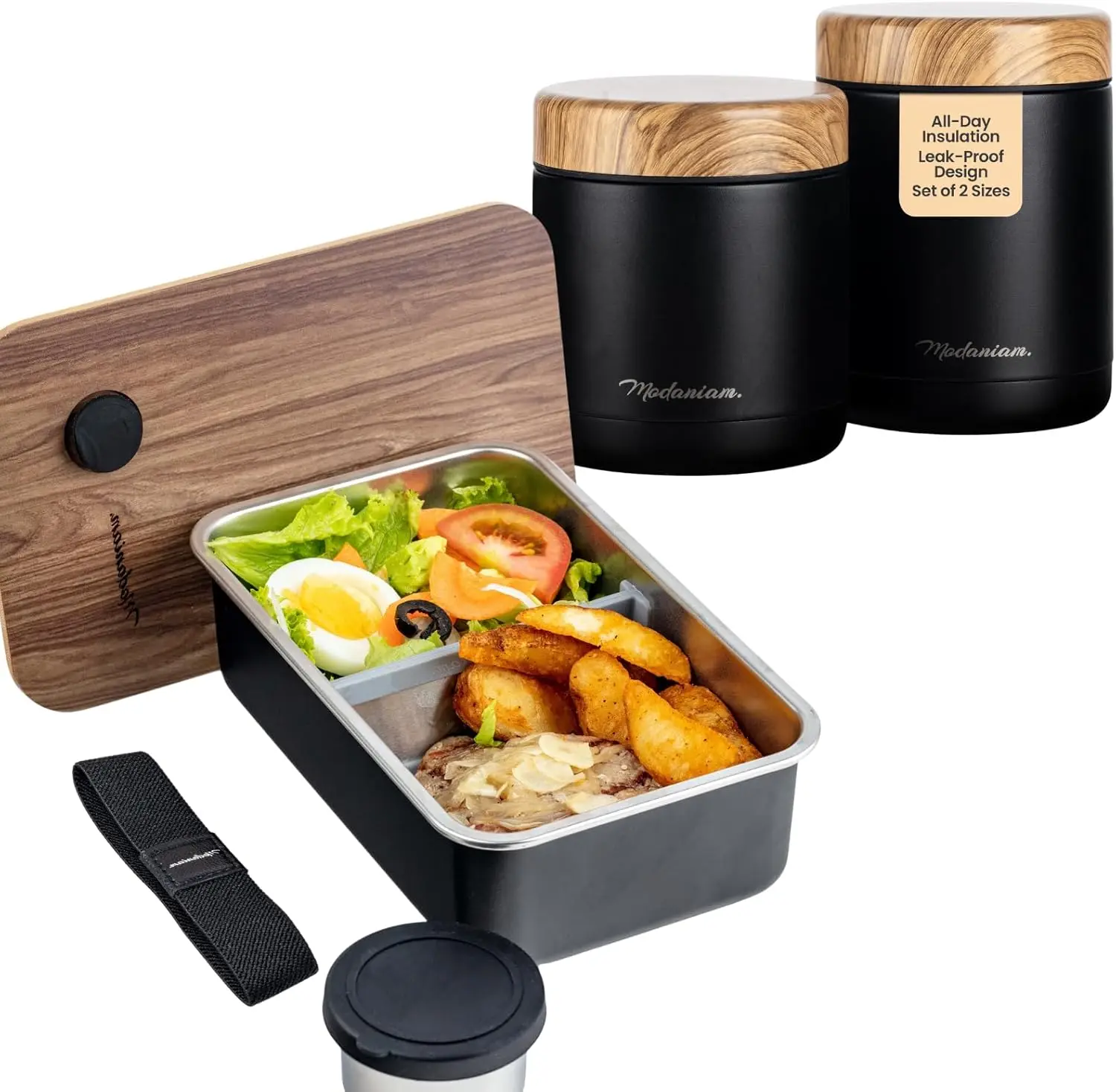 

Sleek Bamboo Lid Stainless Steel Bento Box with Insulated Jars for Hot/Cold Food
