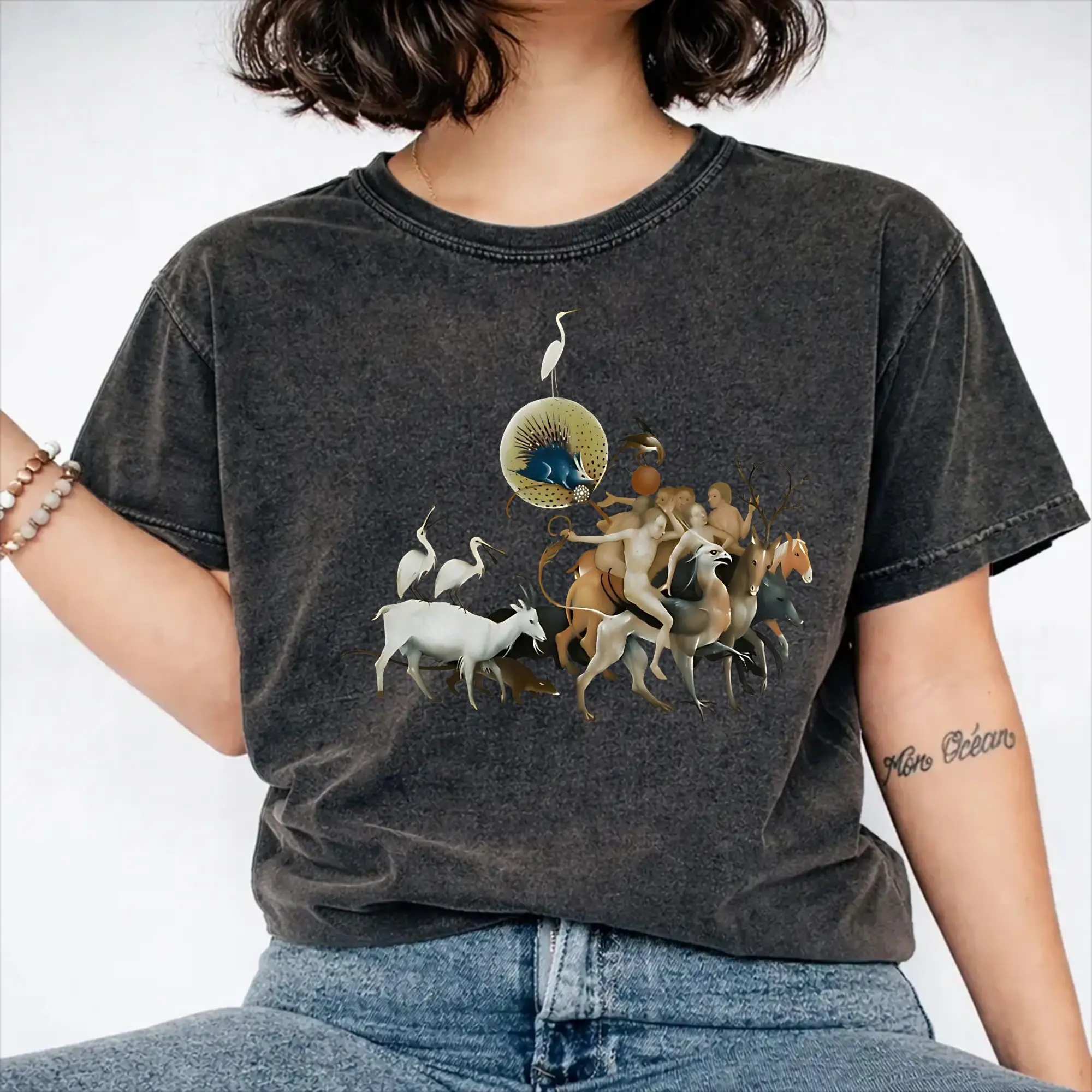 Harajuku Washed Shirts Hieronymus Bosch  The Garden of Earthly Delights Outfit Vintage T Shirt Oversize  Streetwear Short Sleeve