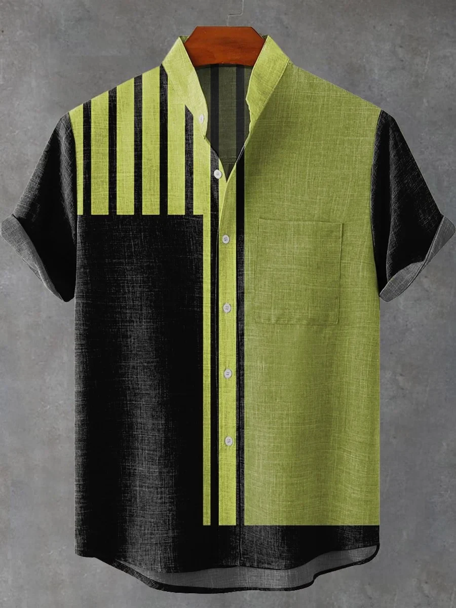 2025 men's new casual art geometric shape retro art linen short sleeved stand up collar shirt comfortable button up top