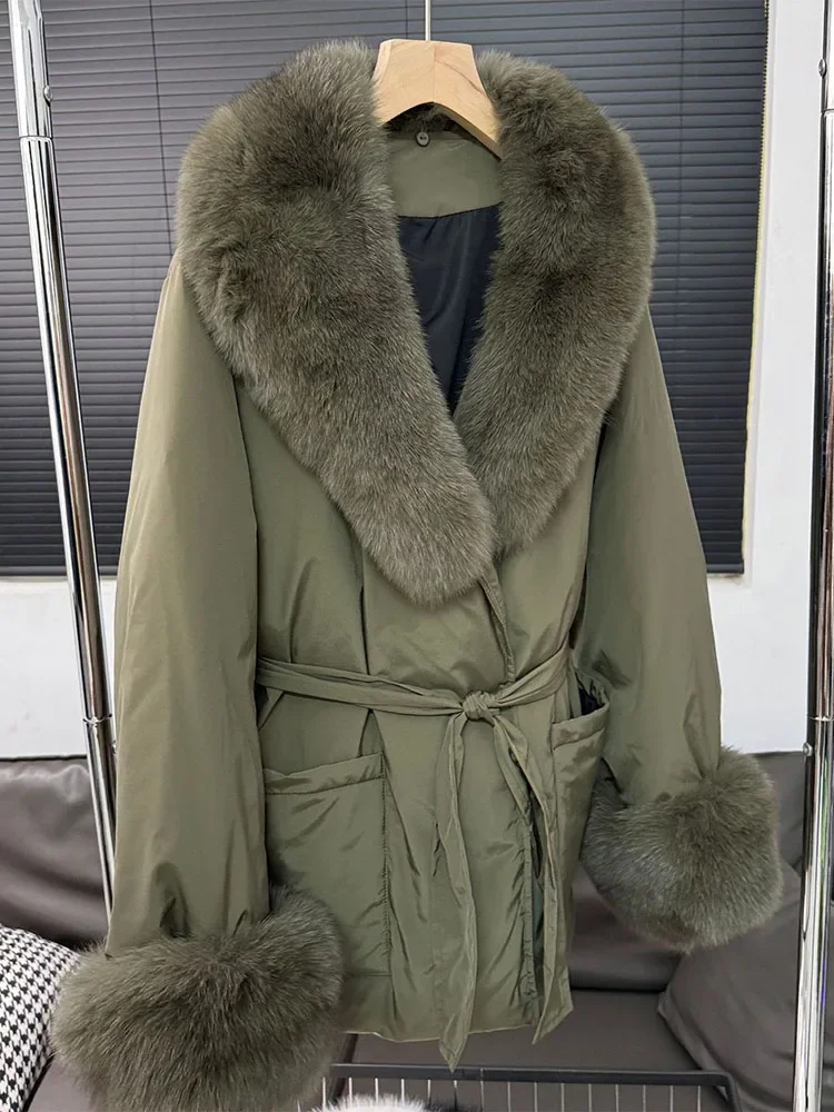 

2025 Winter WomenThicken Warm Loose Puffer Mid-Length Coat Real Natural Fox Fur Collar And Cuffs White Duck Down Jacket