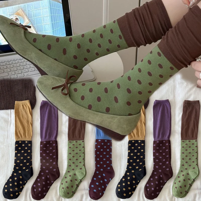 Polka Dot Pattern Mid Calf Socks Slim Fit Mid Calf Length Slouchy Women Socks Fall Winter Weight Contrast Top Stacked Stockings