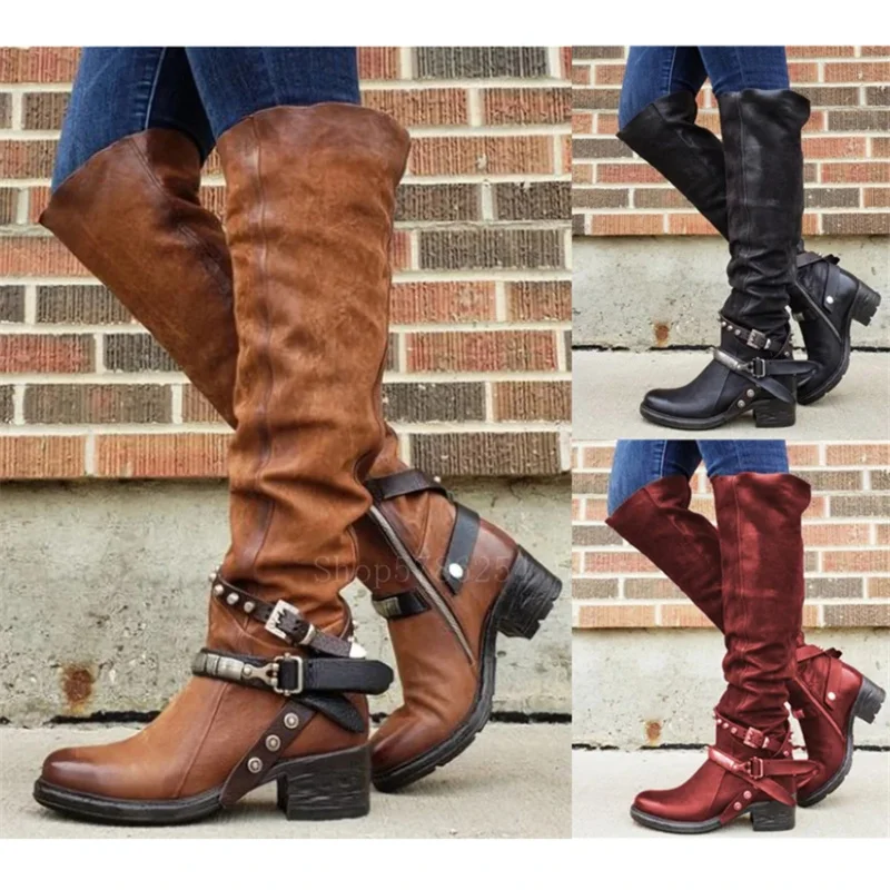 Women Medieval Costume Leather Shoes Vintage Viking Warrior Buckle Long Boots Cosplay Adult Men Steampunk Pirate Fancy Accessory