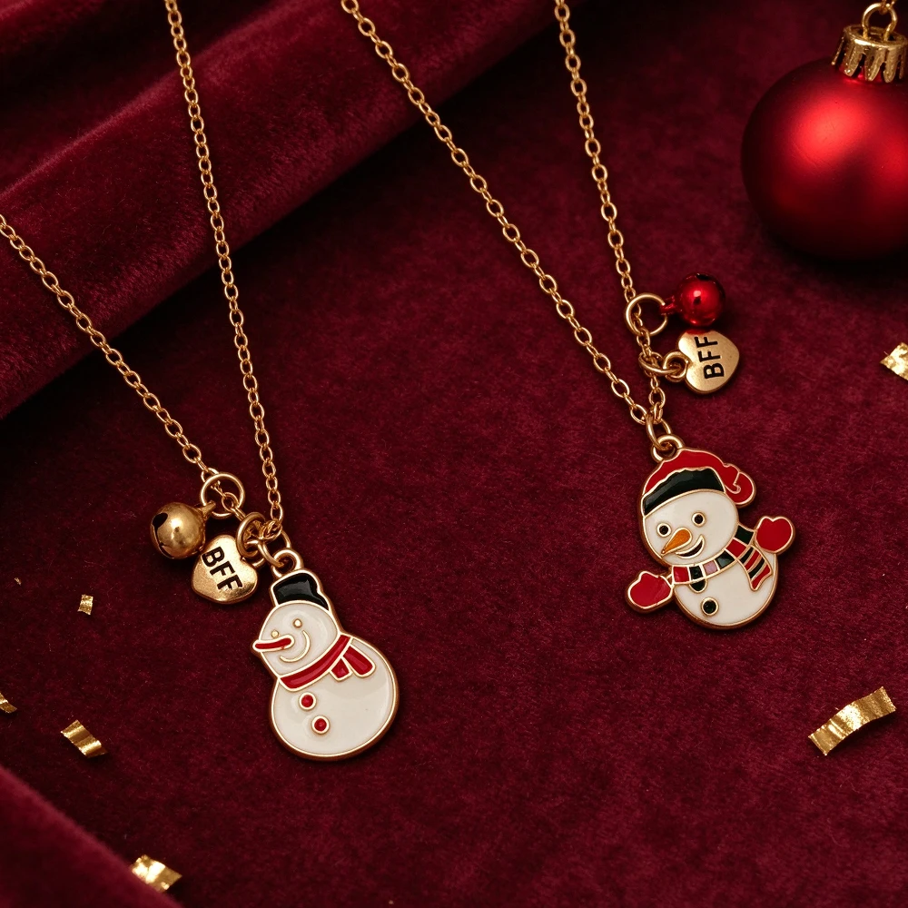 Christmas Snowman Oil Drop Bff Necklace Set Heart Tag Bell Best Friend Clavicle Chain Holiday Gift Accessories Two-Piece Set