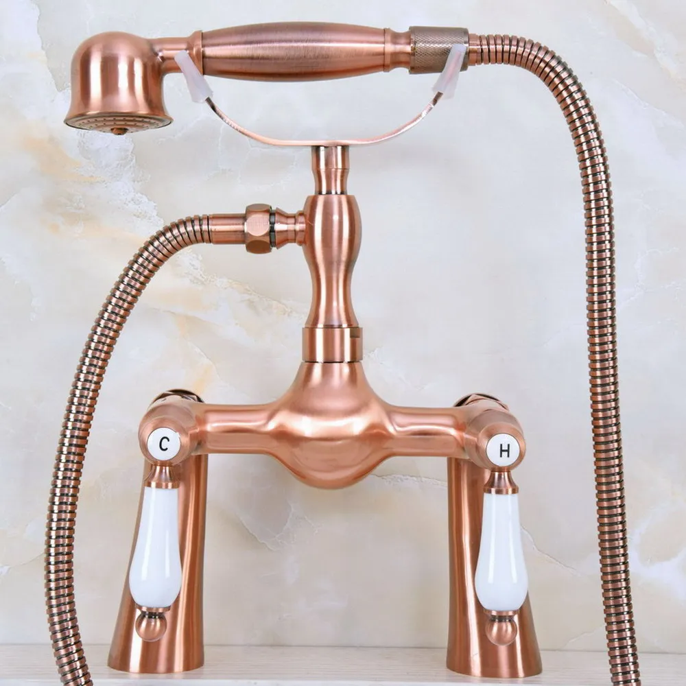 

Antique Red Copper Double Handle Deck Mounted Bathroom Bath Tub Faucet Set with 1500mm Hand Held Shower Spray Mixer Tap 2na169