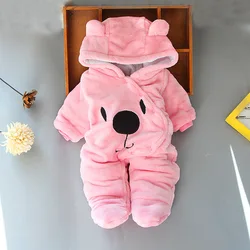 RAISE 2024 Autumn Winter Baby Girl Romper Hooded Thick Cotton Newborn Girl Bodysuit Bear Print Infant Baby Girl Overall Jumpsuit