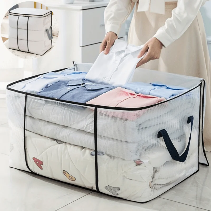 Large Transparent Storage Bag with Zipper &Handle,Heavy-Duty Plastic Suitcase for Clothes,Bedding,Travel,Moving,Seasonal Storage