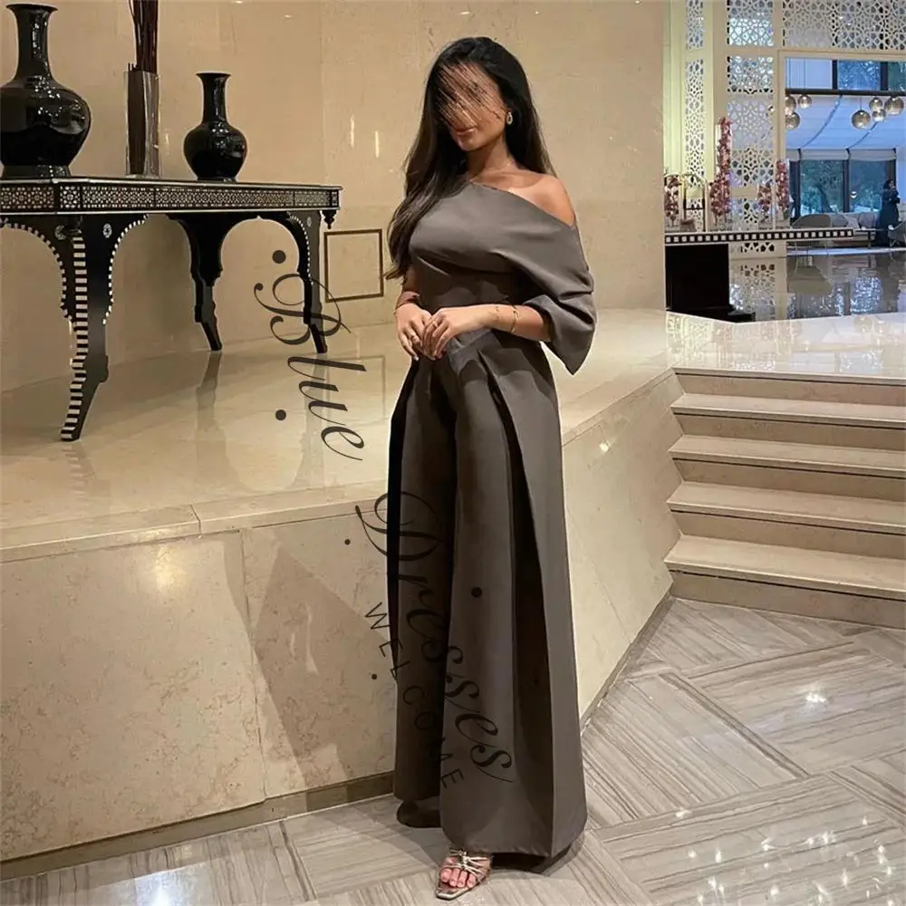 

customized Simple One Shoulder Half Sleeve Mermaid Long Woman Of Evening Dress Ankle Length Pleat Sweep Train Formal Prom Gown