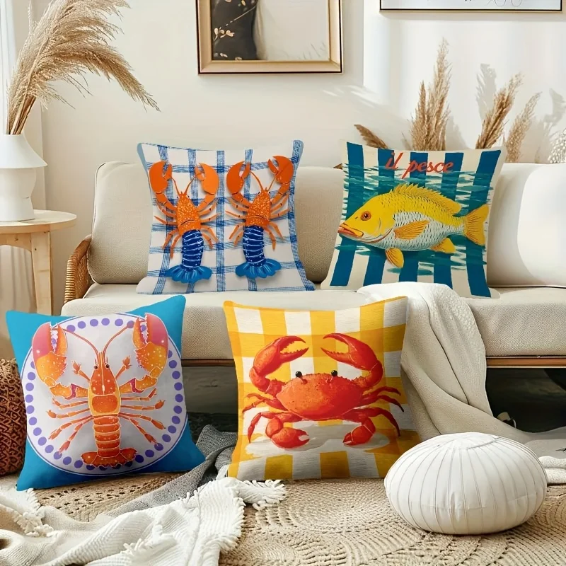 4 Pack Printed Throw Pillow Covers Coastal Ocean Nautical Seafood Print Cushions Set Decorative Marine Life Home Decor Pillow Ca