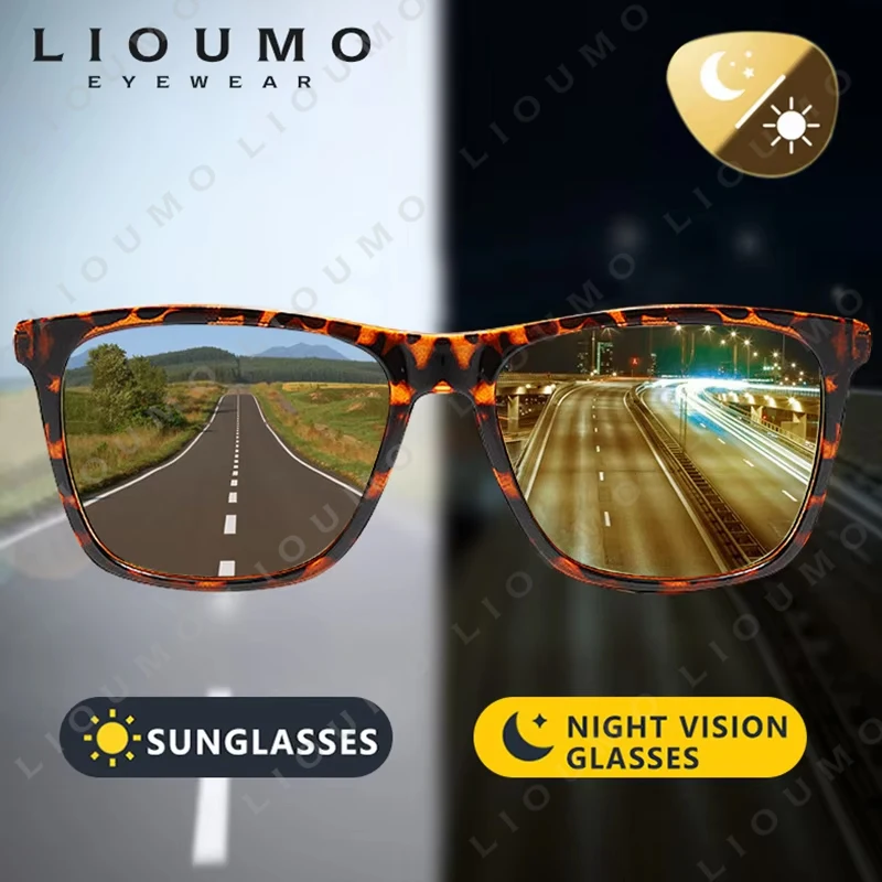 LIOUMO Square Sunglasses Photochromic Polarized Glasses Men Women Day Night Vision Safe Driving Goggles Yellow Lens zonnebril