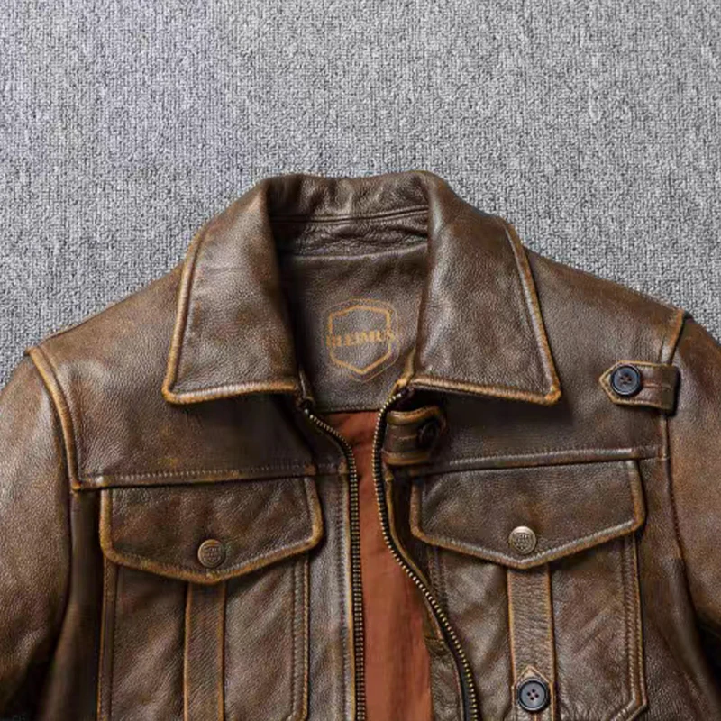 Men\'s Genuine Leather Jacket Natural Cowhide Hunting Jacket First Layer Cowhide American Retro Motorcycle Jacket Short Jacket