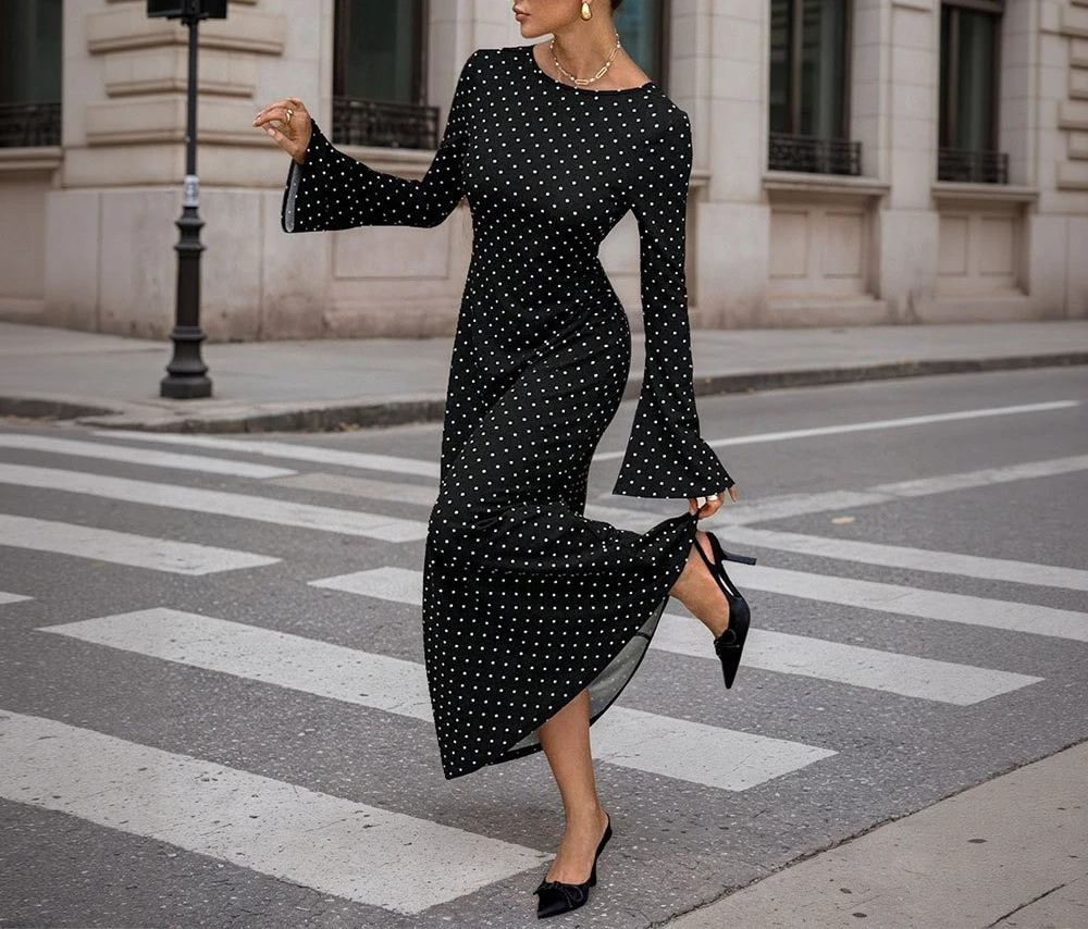 Abito celebrità nero a pois Abito lungo da donna con lacci sul retro sottile a maniche lunghe autunno e inverno
