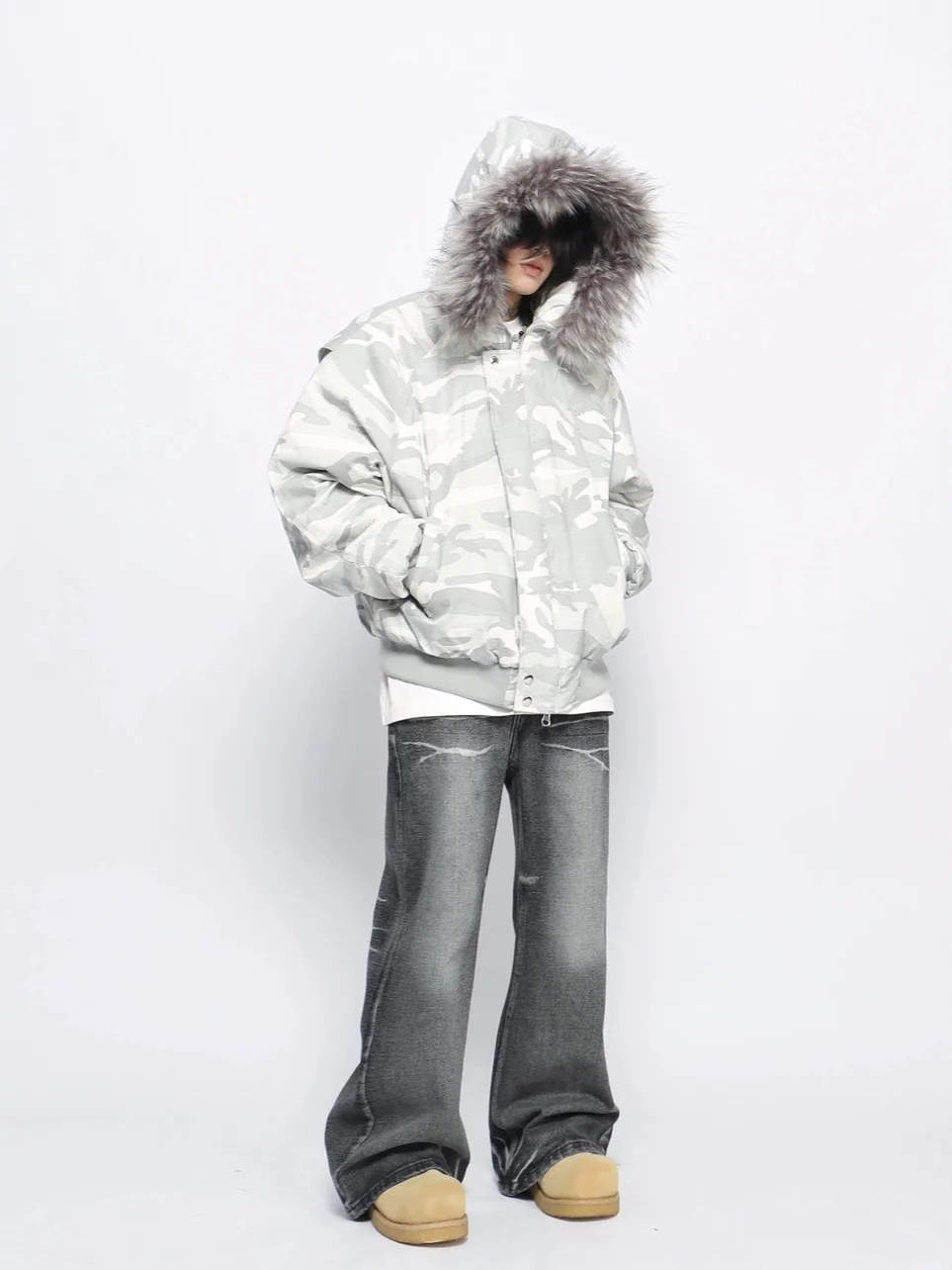 2025 New American Street Style Camouflage Fur Collar Hooded Jacket Cotton Fashion Trend High-end Loose Cotton Coat for Men