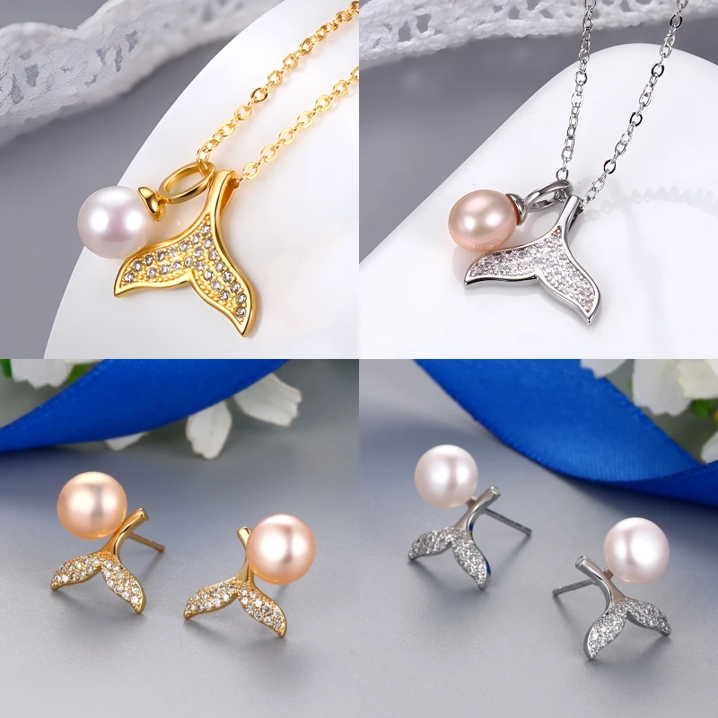 2024 Natural  Pearl 8MM Mermaid Pendant, Fishtail Collarbone Necklace, Earrings, Japanese and Korean Design Gift