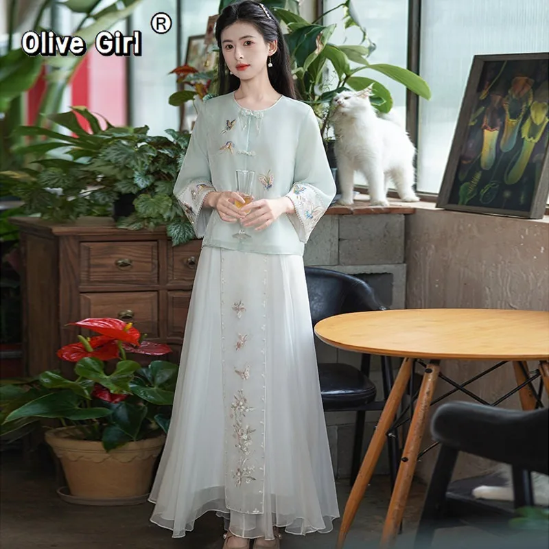 

Комплект Olivegirl 2026: Летняя блузка с вышивкой и рукавом 3/4, короткая юбка в китайском стиле для женской одежды