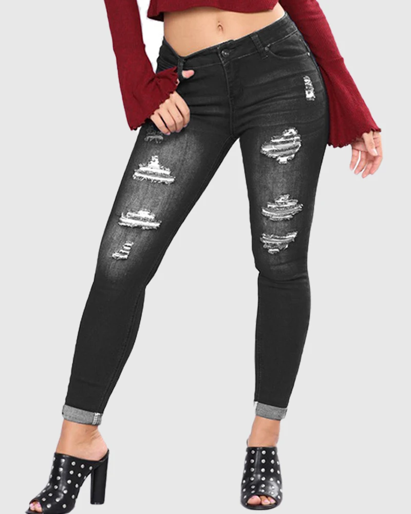 Jean Déchiré Taille Haute en Denim avec Poches et Trous, Pantalon Slim à Haute artificiel asticité, Jambes Droites, Décontracté, Streetwear