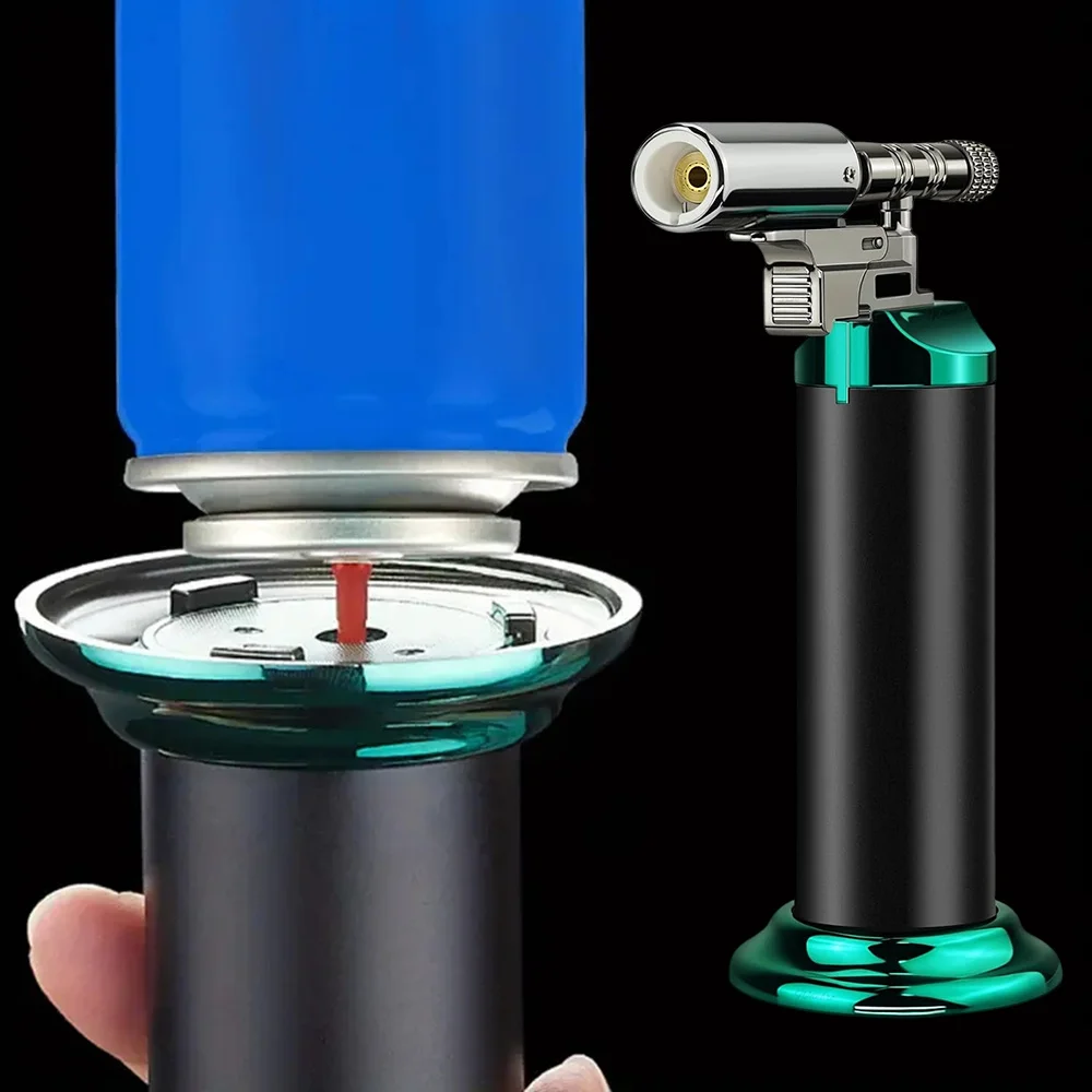 Accendino portatile con fiamma blu, dimensione della fiamma regolabile, riutilizzabile con gas butano, resistente al vento, ideale per campeggio, barbecue e uso industriale.