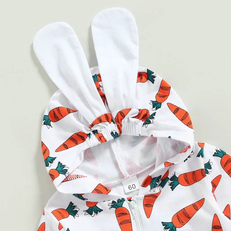 

Adorable Infant Easter Outfit Cute Bunny Ear Hooded with Carrot Print Zip Front Long Sleeve Romper