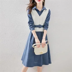 Temperament Long Sleeve Dress For Women 2025 New Spring Autumn Trendy Belt Dresses Office Ladies Elegant Fake Two-piece Vestidos