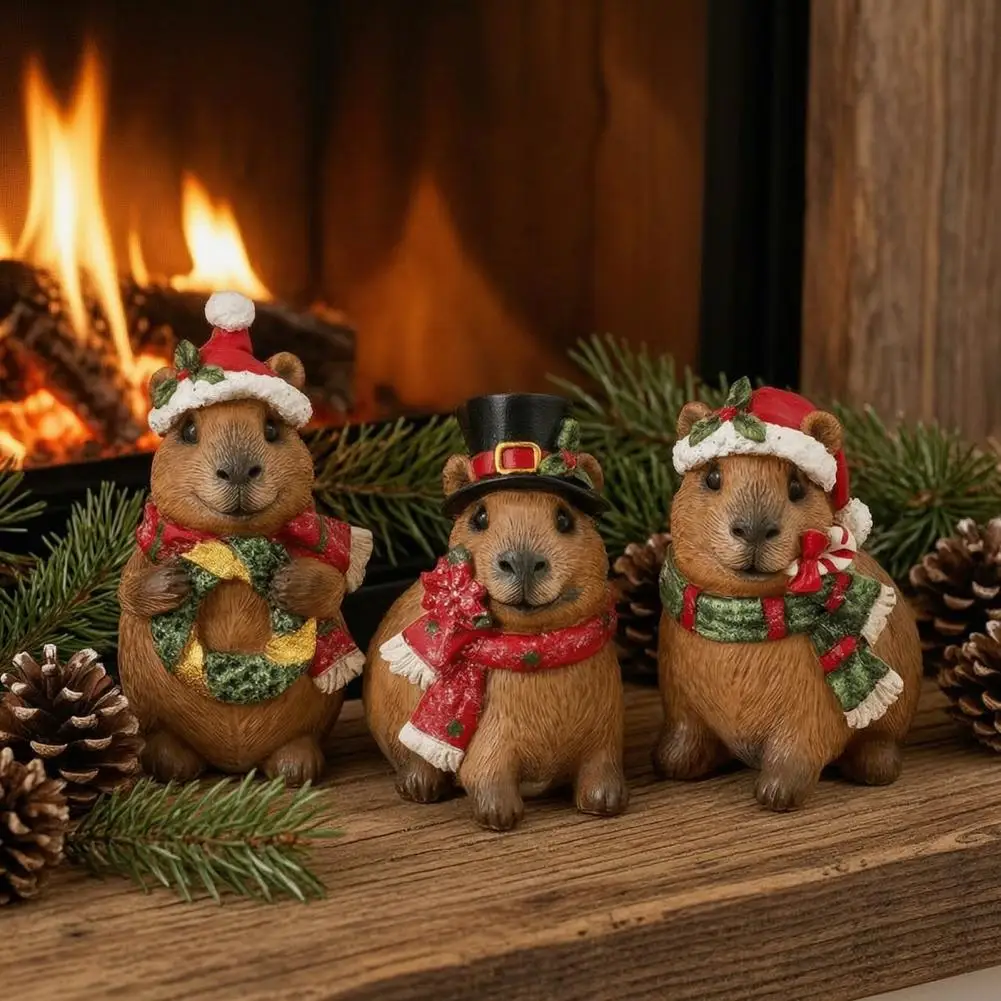 Cute Resin Ornament Christmas Capybara Figurine with Hat Scarf Resin Sculpture for Holiday Tabletop Decoration Cute for Home