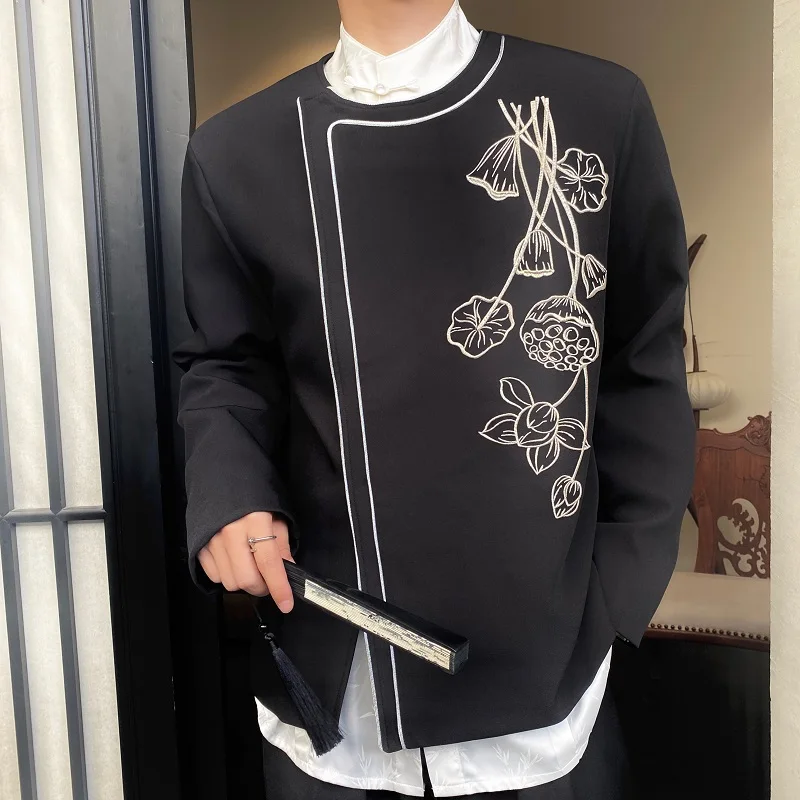 GDHLWMY Autumn New Chinese Embroidered Round Neck Men's and Women's Western Suits, Trendy Chinese Style Zen inspired Top