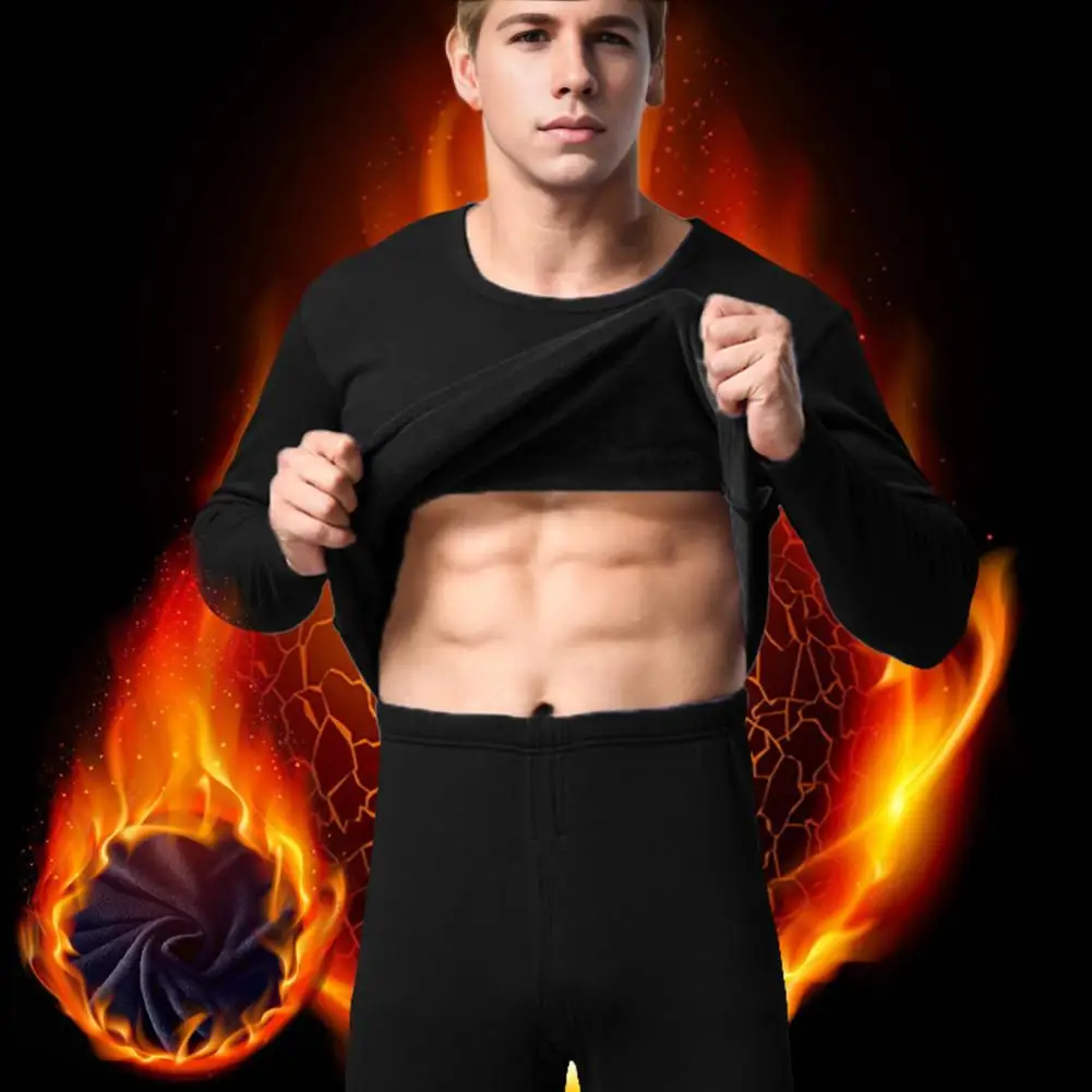 

Men Two-piece Suit Long Sleeve Tops Long Pants Set Plush Lining Pajamas Set Men Fleece Lined Base Layer Set for Cold Weather