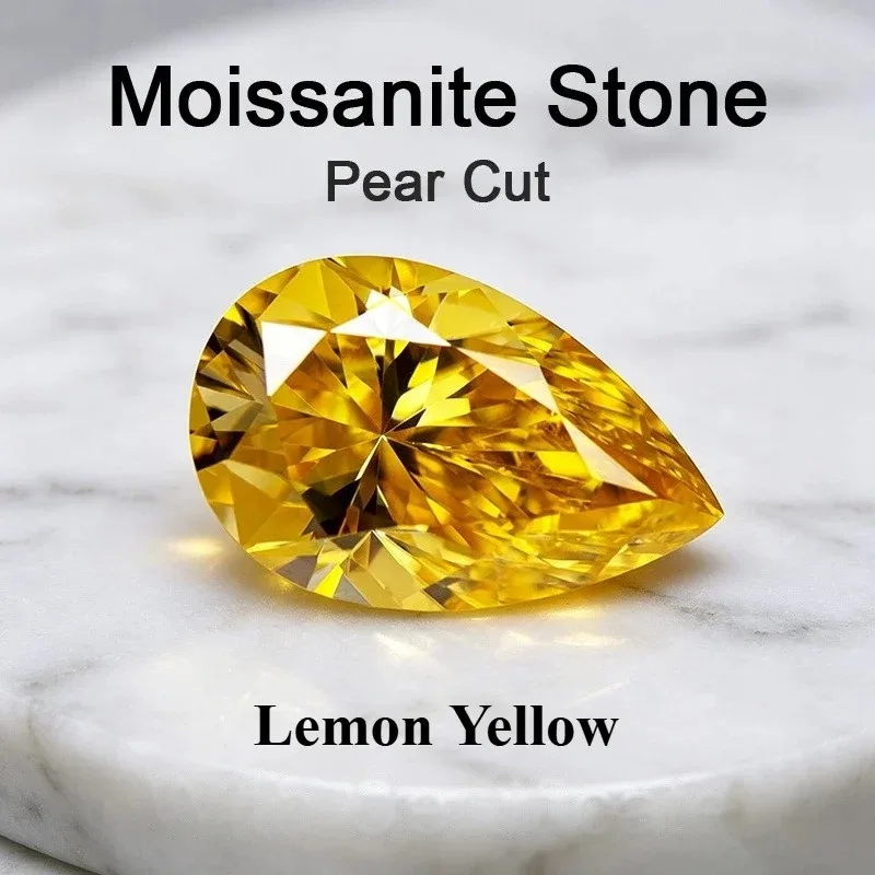 Moissanite Stone Pear Cut Lemon Yellow Charms Gemstone for DIY Jewelry Making Materials Pass Diamond Tester with Certificate